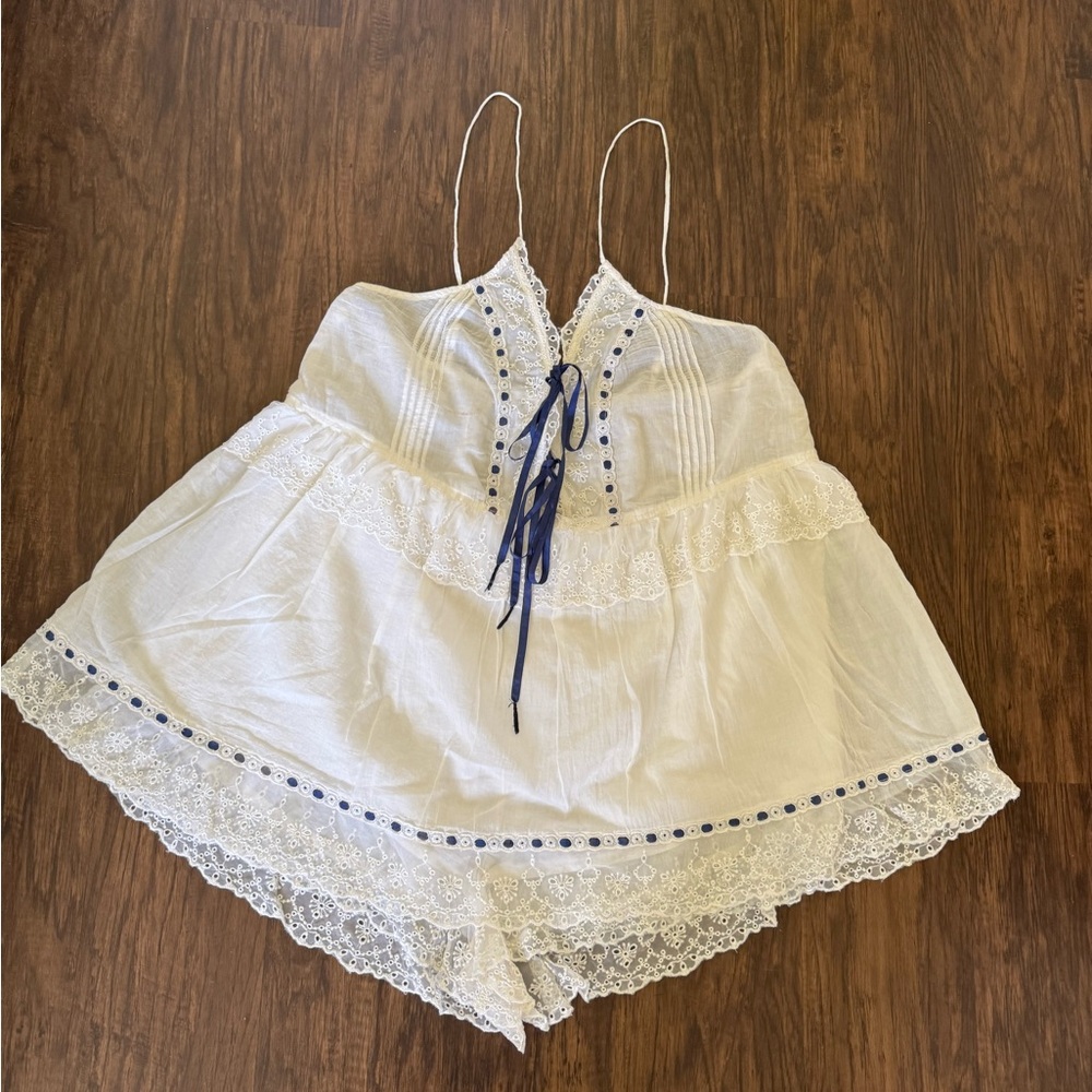 Free People White and Blue Lace Trim romper - Picture 2 of 9